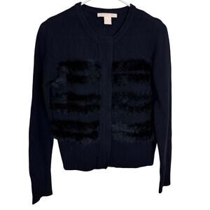 Cashmere Project 100% Cashmere Zip Cardigan Rabbit Fur Trim Black Luxury Sweater